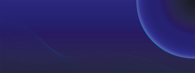 Technological background with light sphere and light waves. Movement of neuron particles in space. Abstract blue horizontal banner with glowing elements, vector graphic