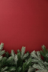 Classic Christmas background with frosted pine branches at bottom on red backdrop. Simple festive...