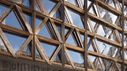 Intricate architectural design of a building facade with unique windows, showcasing geometric patterns and reflecting the sky