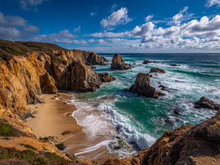 Obraz premium Scenic rocky coastline with sandy beach and turquoise waves crashing under a vibrant blue sky dotted with white clouds on a sunny day