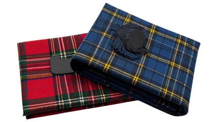 Two traditional tartan kilts showcasing vibrant Scottish patterns isolated on transparent background.