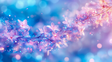 Dreamlike Blossom Radiance: Vibrant Pink Flowers on Twig Illuminated by Sparkling Light and Glitter, Set Against Soft, Bokeh-Filled Gradient of Blue and Lavender Hues