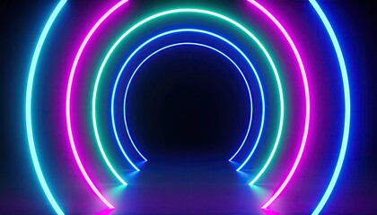 Neon Rings Tunnel: Cyan Magenta Glow in Dark Cinematic Background