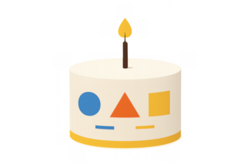 Birthday cake with geometric shapes and single lit candle, celebrating sweet moments and joy, vector illustration