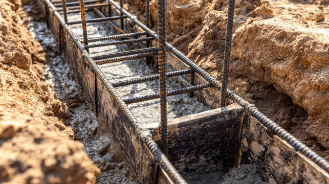 Construction of a reinforced concrete foundation in progress at a building site