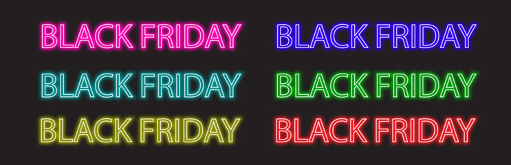 Black friday sale text in multiple neon colors including pink, blue, teal, green, yellow, and red, glowing against a dark background, advertising a shopping event