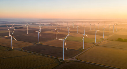 Aerial Drone View of Wind Turbine Field at Sunrise