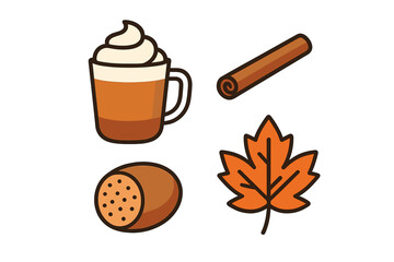 Autumn seasonal elements set with pumpkin spice drink, cinnamon roll, and maple leaf