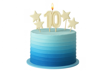 Birthday cake celebrating tenth anniversary with number 10 candle, blue ombre frosting, and star decorations on transparent background