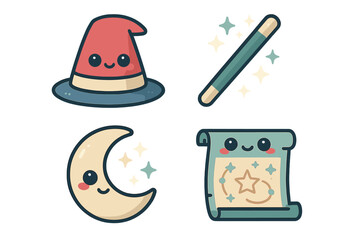 Cute cartoon magic icons featuring wizard hat, sparkling wand, crescent moon, and mystical scroll