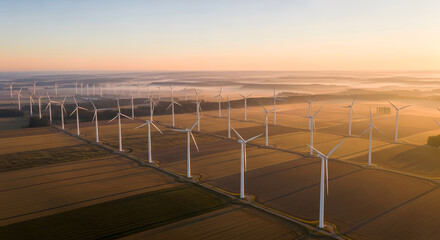 Aerial Drone View of Wind Turbine Field at Sunrise