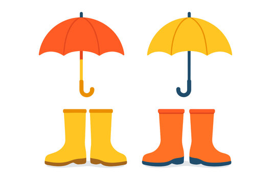 Bright orange and yellow umbrellas and matching waterproof rubber boots for rainy season