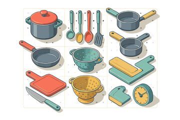 Large assortment of colorful cooking equipment and kitchenware items in isometric view