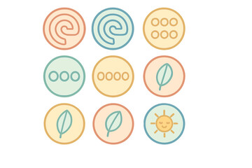 Nine minimal pastel icons for web and app design featuring nature and interface symbols