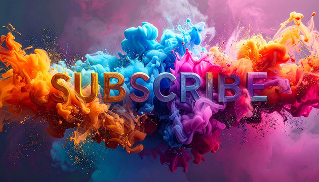 Explosive vibrant ink clouds burst with golden word SUBSCRIBE, perfect for dynamic content creation and calls to action. - Powered by Adobe