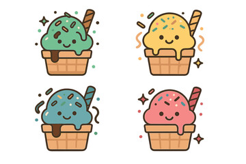 Four adorable cartoon ice cream cones with sprinkles and wafer sticks in bright colors