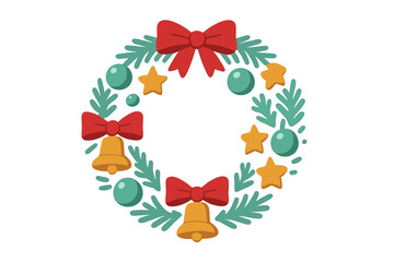 Traditional winter holiday wreath with evergreen branches, red ribbons, golden bells, and star ornaments