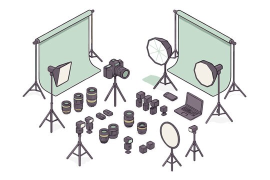 Professional photography studio equipment setup with camera and lighting gear