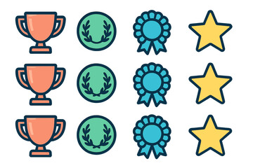 Collection of achievement icons including trophy cups, laurel wreath medals, rosettes, and yellow stars