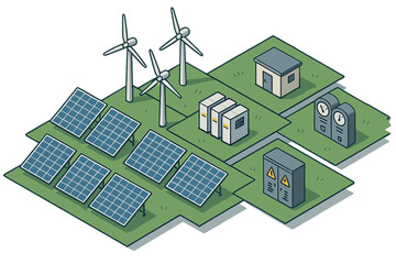 Isometric view of a renewable energy power station utilizing solar panels and wind turbines with battery storage and control units © Andrei