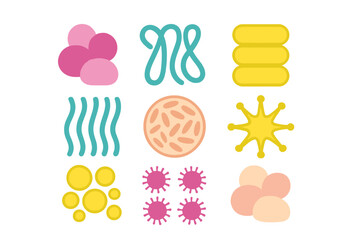 Stylized biological forms collection featuring bacteria, viruses, and cellular components