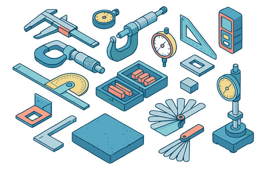 Isometric set of precision measuring tools and instruments for engineering and quality control