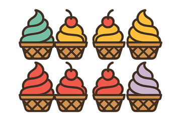 Colorful soft serve ice cream cups in waffle baskets with cherry garnishes and various flavors