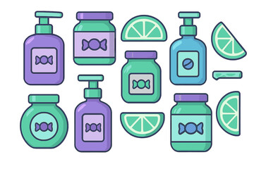 Colorful assortment of cosmetic jars, pump bottles, and fresh lime slices for natural beauty products