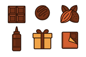 Sweet chocolate products including a bar, truffle, cocoa beans, syrup, and a wrapped gift