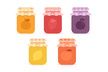 Assortment of five colorful fruit jam preserves in jars with gingham fabric lids
