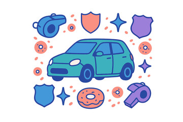Stylized police patrol car surrounded by whistles, shields, badges, and a sweet donut treat © Andrei