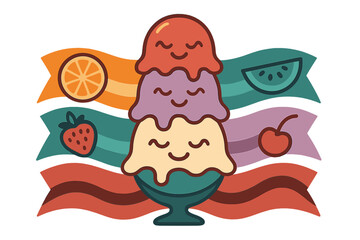 Colorful three scoop ice cream sundae in a glass bowl with fruit ribbons