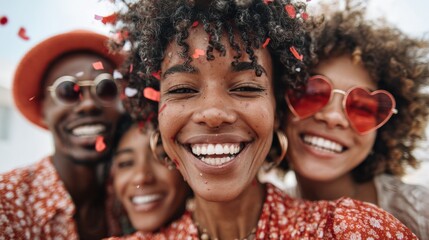 A joyful group of friends taking a selfie at a wedding photo booth with playful props, colorful confetti, and warm golden tones in a festive atmosphere.