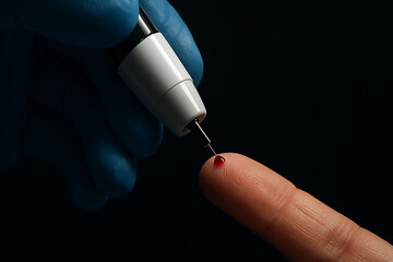 A gloved hand uses a lancet to draw a drop of blood from a fingertip for medical testing.