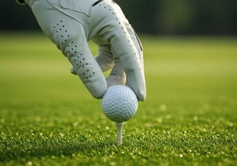 Hand in white golf glove placing a golf ball on a tee on green grass. Sport and recreation activity concept.