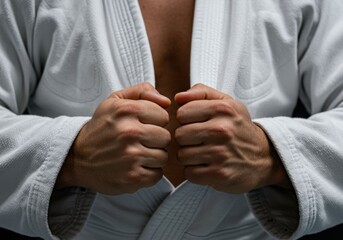 Brazilian jiu jitsu man. Athlete with clenched fist. Martial artist ready to fight in a dojo or sports club. Karate kimono