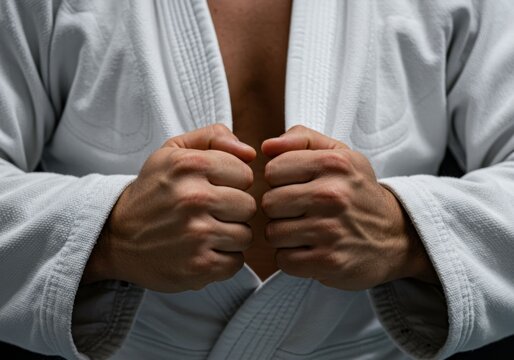 Brazilian jiu jitsu man. Athlete with clenched fist. Martial artist ready to fight in a dojo or sports club. Karate kimono