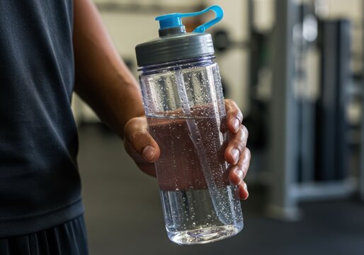 Man holding a clear reusable water bottle filled with water, hydration concept for fitness and healthy lifestyle