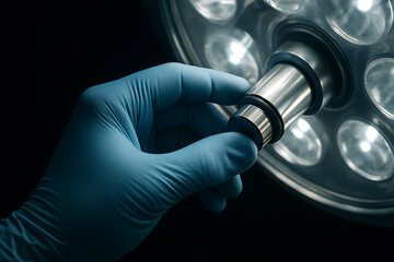 Close-up of a surgeon's gloved hand adjusting a modern surgical lamp in a dark operating room before a procedure.