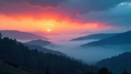 Fototapeta premium The Moment of Breakthrough A dramatic, high contrast image where thick, swirling grey mist is dramatically parting to reveal a vibrant, sun drenched landscape of rolling hills and a clear blue sky. A