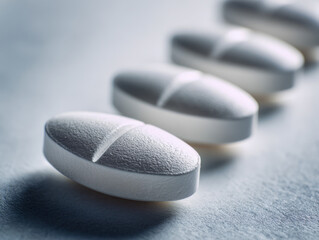 Macro view of white oblong tablets placed in a row on a smooth blue surface highlighting texture and medical dosage concept