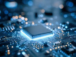 Illuminated microchip glowing on a complex circuit board with blue and orange lights symbolizing advanced technology and digital innovation in electronics design