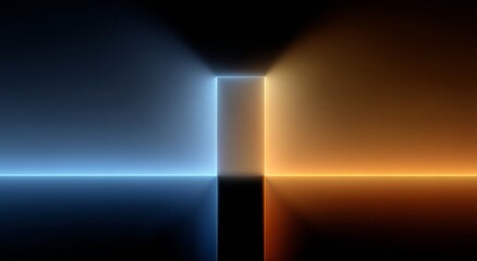 A futuristic tunnel with vibrant neon lights, contrasting blue and orange glow, and an abstract sci-fi digital pathway, features a reflective floor and vivid colors, representative of modern