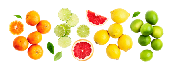 Fresh citrus fruits with green leaves collection banner. Flat lay photography isolated.PNG without shadow