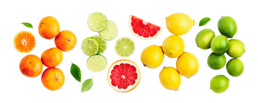 Fresh citrus fruits with green leaves collection banner. Flat lay photography isolated.PNG without shadow
