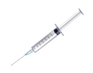 A medical syringe with a needle, designed for injecting or withdrawing fluids, featuring measurement markings along its barrel.