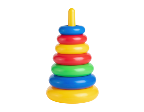 A colorful stacking toy consisting of rings arranged in a tower, designed for educational play and motor skill development.