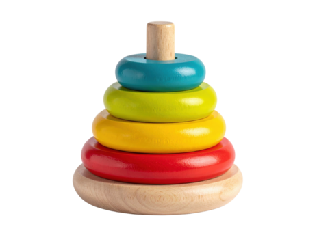 A colorful wooden ring toy with stacked rings of various sizes and colors, featuring a central peg for assembly.
