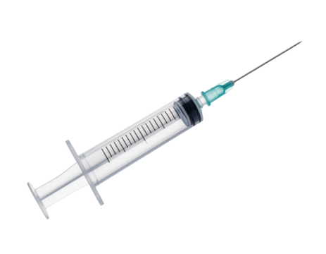 A detailed syringe with a graduated scale and a sharp needle, commonly used for injecting substances.
