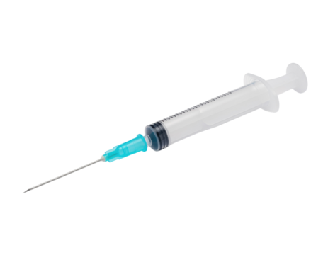 A medical syringe designed for injections, featuring a clear barrel, graduated markings, and a sharp needle for precise delivery of substances.